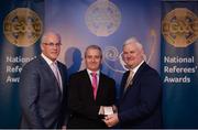 3 December 2016; Johnny Ryan, Tipperary, is presented with the Silver Referee Recognition Award for officiating 25 championship games by Uachtarán Chumann Lúthchleas Aogán Ó Fearghail and Seán Walsh, Chairman of National Referee Development Committee, at the GAA National Referees' Awards Banquet 2016 at Croke Park in Dublin. Photo by Cody Glenn/Sportsfile