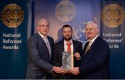 3 December 2016; David Gough, Meath, is presented with the Shane Hourigan Young Referee of the Year Memorial Award by Uachtarán Chumann Lúthchleas Aogán Ó Fearghail and Seán Walsh, Chairman of National Referee Development Committee, at the GAA National Referees' Awards Banquet 2016 at Croke Park in Dublin. Photo by Cody Glenn/Sportsfile