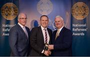 3 December 2016; Conor Lane, Cork, is presented with his All-Ireland Medal by Uachtarán Chumann Lúthchleas Aogán Ó Fearghail and Seán Walsh, Chairman of National Referee Development Committee, at the GAA National Referees' Awards Banquet 2016 at Croke Park in Dublin. Photo by Cody Glenn/Sportsfile
