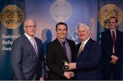 3 December 2016; Maurice Deegan, Laois, is presented with his All-Ireland Medal by Uachtarán Chumann Lúthchleas Aogán Ó Fearghail and Seán Walsh, Chairman of National Referee Development Committee, at the GAA National Referees' Awards Banquet 2016 at Croke Park in Dublin. Photo by Cody Glenn/Sportsfile