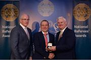 3 December 2016; Eddie Kinsella, Laois, is presented with the Silver Referee Recognition Award for officiating 25 championship games by Uachtarán Chumann Lúthchleas Aogán Ó Fearghail and Seán Walsh, Chairman of National Referee Development Committee, at the GAA National Referees' Awards Banquet 2016 at Croke Park in Dublin. Photo by Cody Glenn/Sportsfile