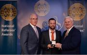 3 December 2016; David Gough, Meath, is presented with his All-Ireland Medal by Uachtarán Chumann Lúthchleas Aogán Ó Fearghail and Seán Walsh, Chairman of National Referee Development Committee, at the GAA National Referees' Awards Banquet 2016 at Croke Park in Dublin. Photo by Cody Glenn/Sportsfile