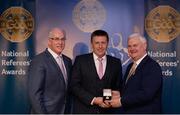 3 December 2016; Brian Gavin, Offaly, is presented with his All-Ireland Medal by Uachtarán Chumann Lúthchleas Aogán Ó Fearghail and Seán Walsh, Chairman of National Referee Development Committee, at the GAA National Referees' Awards Banquet 2016 at Croke Park in Dublin. Photo by Cody Glenn/Sportsfile