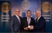 3 December 2016; James Owens, Wexford, is presented with his All-Ireland Medal by Uachtarán Chumann Lúthchleas Aogán Ó Fearghail and Seán Walsh, Chairman of National Referee Development Committee, at the GAA National Referees' Awards Banquet 2016 at Croke Park in Dublin. Photo by Cody Glenn/Sportsfile
