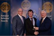 3 December 2016; Tony Carroll, Offaly, is presented with his All-Ireland Medal by Uachtarán Chumann Lúthchleas Aogán Ó Fearghail and Seán Walsh, Chairman of National Referee Development Committee, at the GAA National Referees' Awards Banquet 2016 at Croke Park in Dublin. Photo by Cody Glenn/Sportsfile