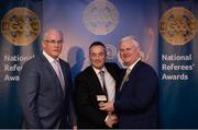 3 December 2016; James McGrath, Westmeath, is presented with the Silver Referee Recognition Award for officiating 25 championship games by Uachtarán Chumann Lúthchleas Aogán Ó Fearghail and Seán Walsh, Chairman of National Referee Development Committee, at the GAA National Referees' Awards Banquet 2016 at Croke Park in Dublin. Photo by Cody Glenn/Sportsfile