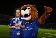 3 December 2016; Leinster matchday mascot Saoirse Eddy with Leo The Lion prior to the Guinness PRO12 Round 10 match between Leinster and Newport Gwent Dragons at the RDS Arena in Ballsbridge, Dublin. Photo by Stephen McCarthy/Sportsfile