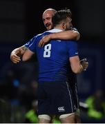 3 December 2016; Jack Conan, 8, is congratulated by his Leinster team-mate Hayden Triggs after scoring his side's third try during the Guinness PRO12 Round 10 match between Leinster and Newport Gwent Dragons at the RDS Arena in Ballsbridge, Dublin. Photo by Stephen McCarthy/Sportsfile