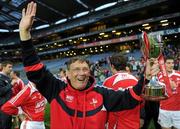 23 April 2011; Former Louth kitman Charlie McAlester, to whom the captain Paddy Keenan dedicated the win to, with the cup after the presentation.  Allianz GAA Football Division 3 Final, Louth v Westmeath, Croke Park, Dublin. Picture credit: Ray McManus / SPORTSFILE