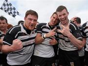24 April 2011; Dundalk RFC players, from left, Stephen Soraghan, John Dodd and Paul Meegan celebrate victory after the game. Newstalk Provincial Towns Cup Final, Dundalk RFC v Tullamore RFC, Edenderry RFC, Coolavacoose, Carbury, Co. Kildare. Picture credit: Barry Cregg / SPORTSFILE