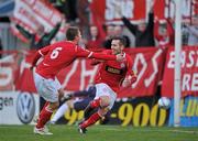 25 April 2011; Barry Clancy, right, Shelbourne, celebrates after scoring his side's third goal with team-mate John Sullivan. EA Sports Cup, 2nd Round, Pool 4, Shelbourne v Bohemians, Tolka Park, Drumcondra, Dublin. Picture credit: David Maher / SPORTSFILE