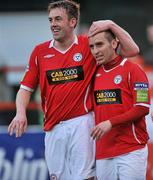 25 April 2011; Barry Clancy, right, Shelbourne, celebrates after scoring his side's third goal with team-mate Karl Birmingham. EA Sports Cup, 2nd Round, Pool 4, Shelbourne v Bohemians, Tolka Park, Drumcondra, Dublin. Picture credit: David Maher / SPORTSFILE