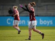 4 December 2016; Rachel King of Annaghdown encourages the crowd after scoring her side's first goal during the All Ireland Ladies Football Intermediate Club Championship Final 2016 match between Annaghdown and Shane O’Neills at Parnell Park in Dublin. Photo by Sam Barnes/Sportsfile