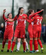 4 December 2016; Gloria Douglas, 24, of Shelbourne FC is congratulated by team-mates after scoring her side's first goal during the Continental Tyres Women's National League game between Peamount United and Shelbourne FC at Greenogue in Newcastle, Dublin. Photo by Ramsey Cardy/Sportsfile