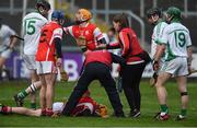 4 December 2016; Players from Cuala and O'Loughlin Gaels clash as Oisin Gough of Cuala receives attention during the closing stages of the AIB Leinster GAA Hurling Senior Club Championship Final match between O'Loughlin Gaels and Cuala at O'Moore Park in Portlaoise, Co Laois. Photo by David Maher/Sportsfile