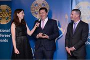 3 December 2016; MC Joanne Cantwell interviews referees Brian Gavin, Offaly,and James Owens, Wexford, right, at the GAA National Referees' Awards Banquet 2016 at Croke Park in Dublin. Photo by Cody Glenn/Sportsfile