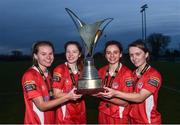 4 December 2016; Shelbourne FC players, from left, Lynn Craven, Kate Mooney, Leanne Kiernan and Chloe McNamee with the trophy following the Continental Tyres Women's National League game between Peamount United and Shelbourne FC at Greenogue in Newcastle, Dublin. Photo by Ramsey Cardy/Sportsfile