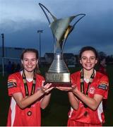 4 December 2016; Shelbourne FC's Kate Mooney, left, and Leanne Kiernan with the trophy following the Continental Tyres Women's National League game between Peamount United and Shelbourne FC at Greenogue in Newcastle, Dublin. Photo by Ramsey Cardy/Sportsfile