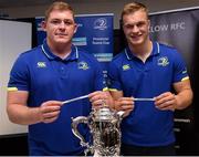 4 December 2016; Leinster players Tadhg Furlong, formerly of New Ross RFC, and Josh van der Flier, formerly of Wicklow RFC, hold the names of their former teams ahead of the Bank of Ireland Leinster Towns Cup Draw at Wicklow RFC in Wicklow Town, Co Wicklow. Photo by Seb Daly/Sportsfile