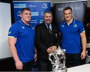 4 December 2016; Leinster players Tadhg Furlong, left, and Josh van der Flier, right, join Wicklow RFC president Larry Byrne during the Bank of Ireland Leinster Towns Cup Draw at Wicklow RFC in Wicklow Town, Co Wicklow. Photo by Seb Daly/Sportsfile