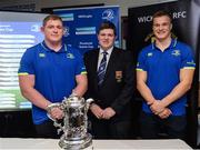 4 December 2016; Athy RFC president Brendan Markey, who's club will host the final, joins Leinster players Tadhg Furlong, left, and Josh van der Flier, right, during the Bank of Ireland Leinster Towns Cup Draw at Wicklow RFC in Wicklow Town, Co Wicklow. Photo by Seb Daly/Sportsfile