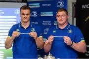 4 December 2016; Leinster players Josh van der Flier, left, formerly of Wicklow RFC, and Tadhg Furlong, formerly of New Ross RFC, draw the team names of Athy RFC, left, and New Ross RFC, during the Bank of Ireland Leinster Towns Cup Draw at Wicklow RFC in Wicklow Town, Co Wicklow. Photo by Seb Daly/Sportsfile
