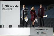 6 December 2016; Littlewoods Ireland was today unveiled as a new top tier partner of both the Gaelic Athletic Association and the Camogie Association. The online department store has signed a three-year deal with the GAA which sees them become both the GAA Hurling All-Ireland Senior Championship and Camogie National League sponsor until 2019. Pictured at the launch are, from left, former Kilkenny hurler Jackie Tyrell, former Cork camogie star Anna Geary and Waterford hurler Austin Gleeson in Croke Park, Dublin. Photo by Stephen McCarthy/Sportsfile
