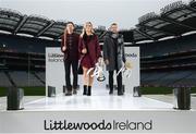 6 December 2016; Littlewoods Ireland was today unveiled as a new top tier partner of both the Gaelic Athletic Association and the Camogie Association. The online department store has signed a three-year deal with the GAA which sees them become both the GAA Hurling All-Ireland Senior Championship and Camogie National League sponsor until 2019. Pictured at the launch are, from left, Waterford hurler Austin Gleeson, former Cork camogie star Anna Geary and former Kilkenny hurler Jackie Tyrell in Croke Park, Dublin. Photo by Stephen McCarthy/Sportsfile