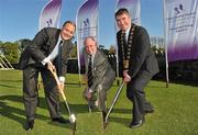 28 April 2011; Warren Deutrom, CEO Cricket Ireland, left, Norman Adams, President of Malahide Cricket Club, centre, and Mayor of Fingal Cllr. Ken Farrell, at the sod-turning ceremony for Ireland's new International Cricket Facility at Malahide Cricket Club, Malahide Demesne, Co. Dublin. Picture credit: Brian Lawless / SPORTSFILE