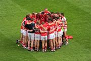 24 April 2011; The Cork players in a huddle before the game. Allianz Football League Division 1 Final, Dublin v Cork, Croke Park, Dublin. Picture credit: Ray McManus / SPORTSFILE