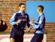 18 December 2001; Alan McNally of UCD, celebrates after scoring his side's first goal with team-mate Robert Martin during the FAI Carlsberg Cup Second Round Replay match between UCD and Drogheda United at Belfield Park in Dublin. Photo by David Maher/Sportsfile
