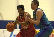 23 December 2001; Matthew Hall of Burgerking Limerick in action against Michael Carlos of Esat Demons during the ESB Men's Superleague match between Burgerking Limerick and Esat Demons at the University of Limerick in Limerick. Photo by Brendan Moran/Sportsfile