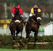 26 December 2001; Thari, with Paul Carberry up, right, jumps the last ahead of Petersham, with Tom Rudd up, on their way to winning the Kerry Spring Maiden Hurdle on Day One of the Leopardstown Christmas Festival at Leopardstown Racecourse in Dublin. Photo by Ray McManus/Sportsfile