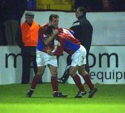 28 December 2001; John Burns of Shelbourne celebrates with Stephen Geoghegan after scoring his side's first goal during the eircom League Premier Division match between Shelbourne and Bohemians at Tolka Park in Dublin. Photo by David Maher/Sportsfile