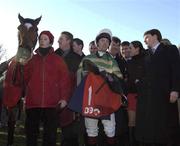 29 December 2001; Winning connections including Jockey Charlie Swan, Owner J.P McManus and Trainer Aidan O'Brien after sending out Istabraq to win the Tote December Festival Hurdle on Day Four of the Leopardstown Christmas Festival at Leopardstown Racecourse in Dublin. Photo by Brendan Moran/Sportsfile