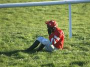 29 December 2001; Jockey Shay Barry after falling from Be My Royal at the first fence during the Farming Independent Beginners Steeplechase on Day Four of the Leopardstown Christmas Festival at Leopardstown Racecourse in Dublin. Photo by Brendan Moran/Sportsfile