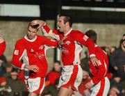 30 December 2001; Derek Coughlan of Cork City, right, celebrates with team-mate Alan Carey, after scoring his side's winning goal during the eircom League Premier Division match between Cork City and Derry City at Turners Cross in Dublin. Photo by David Maher/Sportsfile