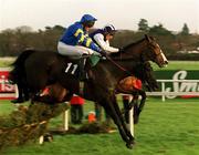28 December 2001; Native Celts, with Barry Geraghty up, jumps the last alongside Blazing Missile, with John Cullen up, during the Riverside Park Hotel Maiden Hurdle on Day Three of the Leopardstown Christmas Festival at Leopardstown Racecourse in Dublin. Photo by Matt Browne/Sportsfile
