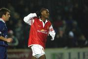 4 January 2002; Charles Livingstone Mbabazi of St Patrick's Athletic celebrates after scoring his side's first  goal during the eircom League Premier Division match between St Patrick's Athletic and Galway United at Richmond Park in Dublin. Photo by David Maher/Sportsfile