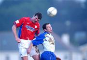 6 January 2002; Derek McGrath of Monagahan United in action against Jim Gannon of Shelbourne during the eircom League Premier Division match between Monaghan United and Shelbourne at Century Homes Park in Monaghan. Photo by David Maher/Sportsfile