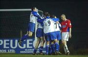 6 January 2002; Derek McGrath of Monaghan, second from right, celebrates after scoring his side's first goal during the eircom League Premier Division match between Monaghan United and Shelbourne at Century Homes Park in Monaghan. Photo by David Maher/Sportsfile