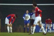 6 January 2002; Derek McGrath of Monaghan United, centre, celebrates after scoring his side's winning goal as Shelbourne players, from left, Davy Byrne and Wesley Houlihan look on during the eircom League Premier Division match between Monaghan United and Shelbourne at Century Homes Park in Monaghan. Photo by David Maher/Sportsfile