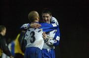 6 January 2002; Declan McDonnell, left, and Paul Shields of Monagahan United celebrate following the eircom League Premier Division match between Monaghan United and Shelbourne at Century Homes Park in Monaghan. Photo by David Maher/Sportsfile