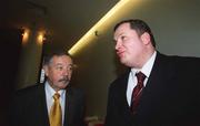 7 January 2002; St Patrick's Athletic manager Pat Dolan, right, with club President Tim O'Flaherty at a St Patrick's Athletic arbitration hearing for a 9 point deduction for fielding an ineligible player at The Morrison Hotel in Dublin. Photo by David Maher/Sportsfile
