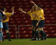 11 January 2002; Glen Crowe of Bohemians, third from right, celebrates with team-mates Trevor Molloy, Kevin Hunt and Fergal Harkin after scoring his sides first goal during the FAI Carlsberg Cup Third Round match between Bohemians and Cobh Ramblers at Dalymount Park in Dublin. Photo by  David Maher/Sportsfile