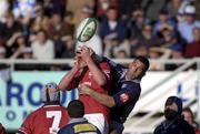 12 January 2002; Mick O'Driscoll of Munster contests a high ball with Norman Berryman of Castres during the Heineken Cup Pool 4 Round 6 match between Castres and Munster at Stade Pierre-Antoine in Castres, France. Photo by Brendan Moran/Sportsfile