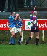 12 January 2002; Cyril Tupiniere of Garryowen, centre, is congratulated by team-mate Cian Foley, after scoring a try during the AIB All-Ireland League Division 1 match between Garryowen and Carlow at Dooradoyle in Limerick. Photo by Aoife Rice/Sportsfile