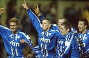 12 January 2002; Kevin McHugh of Finn Harps, centre, celebrates after scoring his side's second and winning goal with team-mates, from left, Niall Cooke, Paddy McGrenaghan, Shane Sweeney and Declan Boyle during the FAI Carlsberg Cup Third Round match between Finn Harps and Shelbourne at Finn Park in Ballybofey, Donegal. Photo by David Maher/Sportsfile