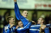 12 January 2002; Kevin McHugh of Finn Harps, centre, celebrates after scoring his side's second and winning goal with team-mates, from left, Niall Cooke, Shane Bradley and Paddy McGrenaghan during the FAI Carlsberg Cup Third Round match between Finn Harps and Shelbourne at Finn Park in Ballybofey, Donegal. Photo by David Maher/Sportsfile