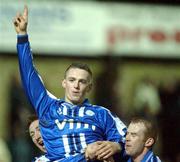 12 January 2002; Kevin McHugh of Finn Harps, centre, celebrates after scoring his side's second and winning goal with team-mates Shane Bradley, left, and Paddy McGrenaghan during the FAI Carlsberg Cup Third Round match between Finn Harps and Shelbourne at Finn Park in Ballybofey, Donegal. Photo by David Maher/Sportsfile